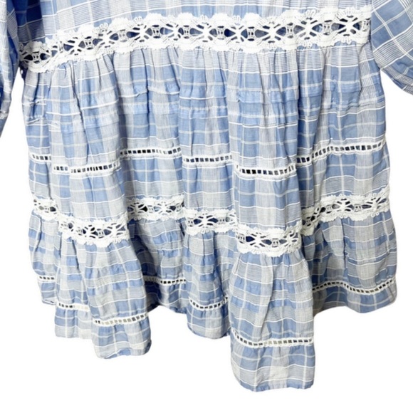 Free People Women's Time Out Lace Plaid Gingham 3/4 Sleeve Ruffle Tunic Blouse - Picture 12 of 16